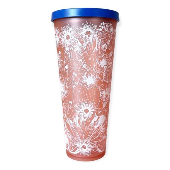 2019 Starbucks Coral Soft Touch Cactus 24 oz Tumbler Cup Blue Lid Collectible - Picture 2 of 8